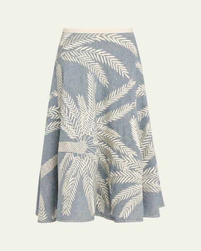 Tasha 3 Palm Embroidered Midi Skirt